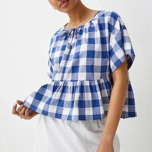 NWT Loose summer plaid bow blouse Patterned Blue-White 100% cotton